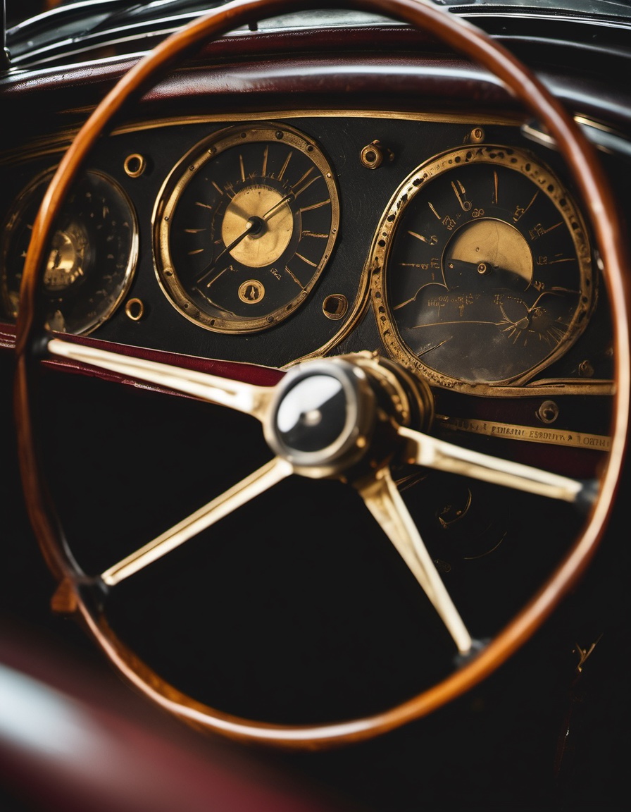 A vintage steering wheel and glowing gauges at night