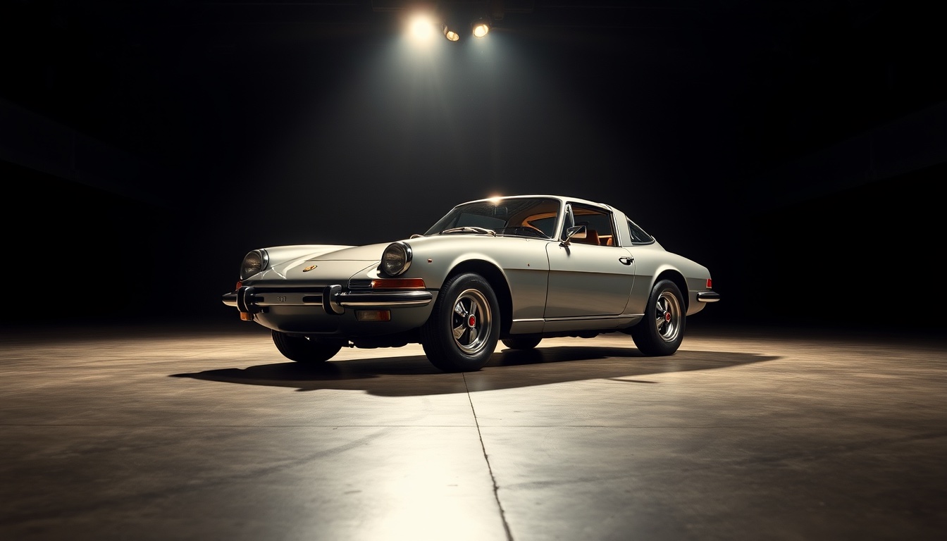 A classic sports car alone under a spotlight in a darkened auction hall