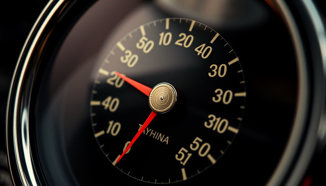 A tachometer needle sweeping past redline